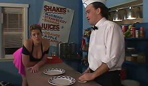 Hot busty slut doing hard DP with bartender and cook