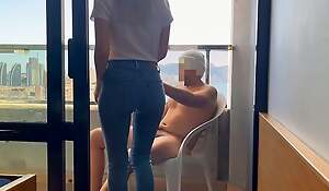 I lure rub-down the hotel reception secretary to close my window and she helps me finish cumming by giving me a blowjob