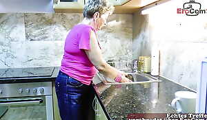 ugly German old granny get hard turtle-dove in kitchen