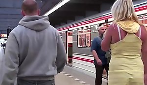 Big tits girl Stella Apollyon PUBLIC sex threesome in a underpass train with 2 guys