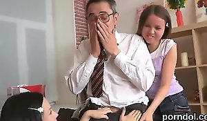 Nice schoolgirl was teased and group-fucked by her age-old teacher