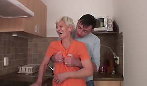 Perishable granny fucks with young guy in the kitchen