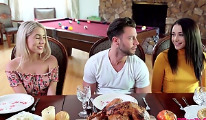 Small titted, blonde sweetie-pie is getting banged during a family lunch and eating pussy along the way