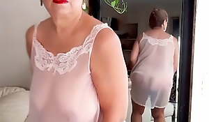 Mature bbw woman with hairy cum-hole wearing  sheer nightgown